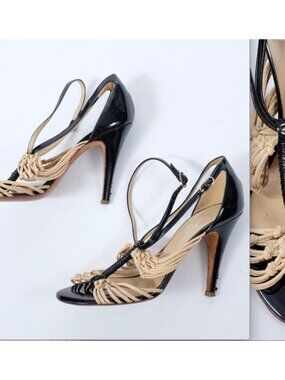 CHANEL shoes sandals 37.5 US 7 open toe strappy ankle strap black beige